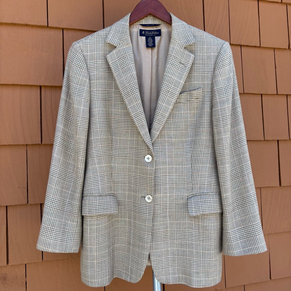 Brooks Brothers Glen Plaid Silk Wool Blend Blazer Jacket Neutral Beige Tan 12